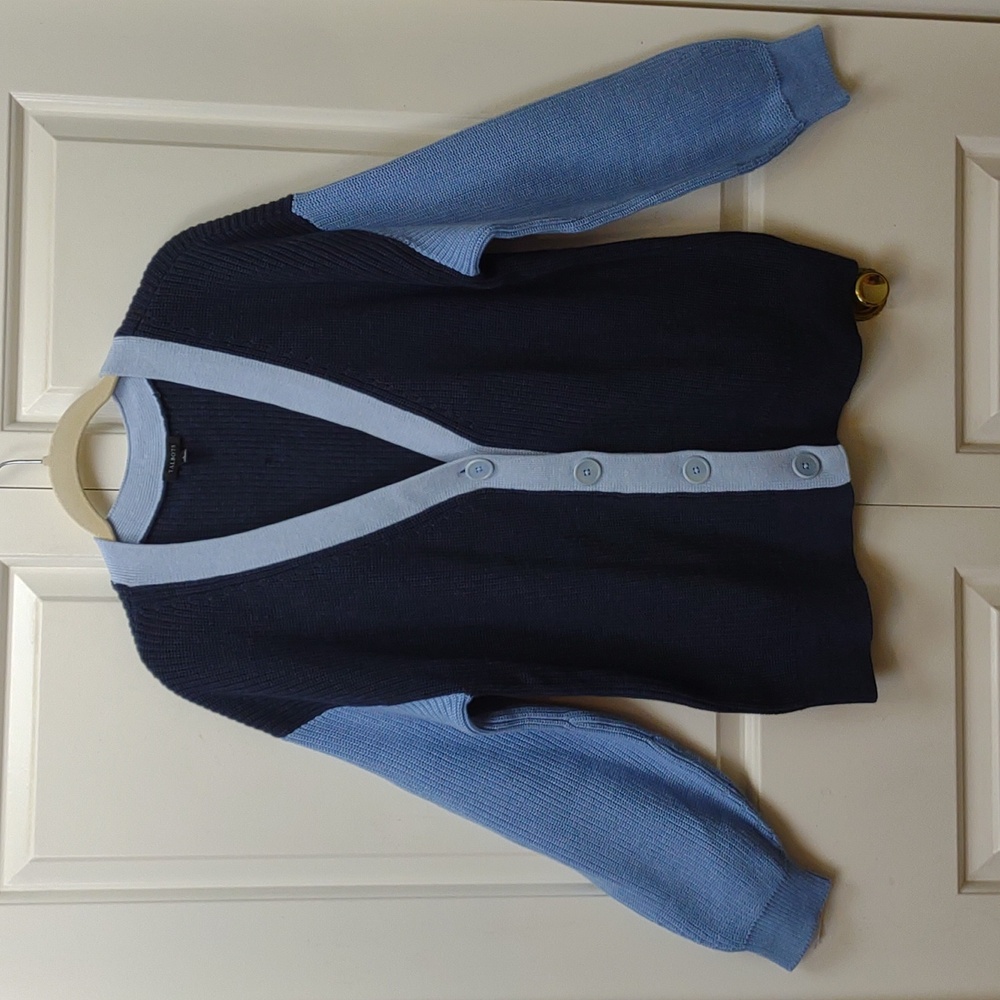 Talbots Women's Pima Cotton Blue Colorblock Shaker Stitch LS V-Neck Cardigan - Picture 2 of 8